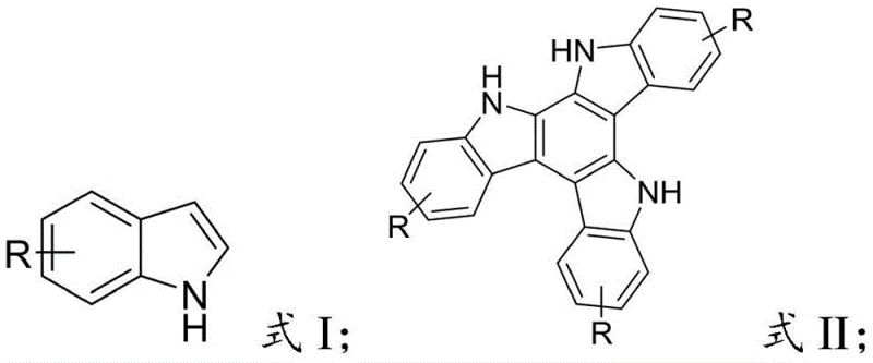 General reaction scheme showing the conversion of indole compound Formula I to asymmetric trimeric indole Formula II using Cu(II) catalyst and oxidant