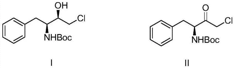 Chemical structure comparison showing the reduction of ketone compound II to chiral alcohol compound I