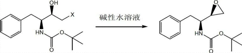 Reaction scheme showing cyclization in alkaline aqueous solution to form the epoxide ring