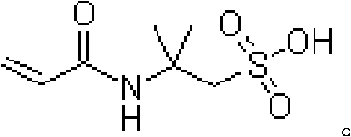 Chemical structure of N-tert-butyl acrylamide sulfonic acid showing vinyl, amide, and sulfonic acid functional groups
