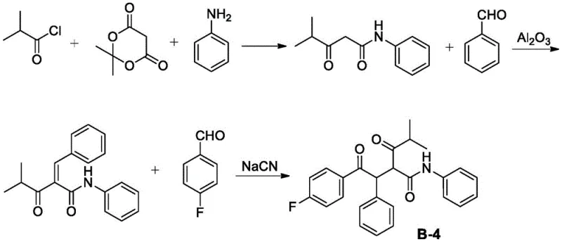 Conventional Stetter reaction pathway utilizing toxic NaCN and multi-step synthesis leading to intermediate B-4