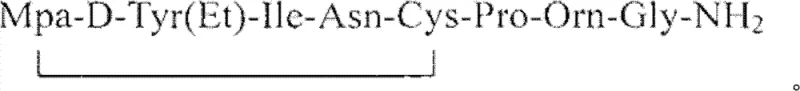 Chemical structure and amino acid sequence of Atosiban showing the critical disulfide bridge and non-natural amino acids