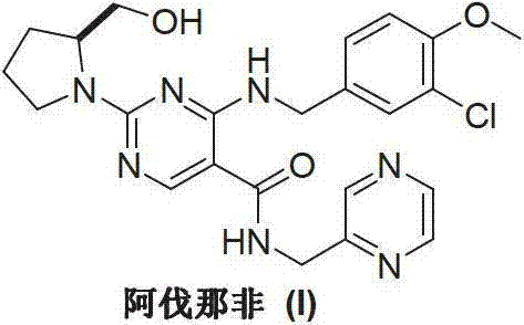 Chemical structure of Avanafil (I) showing the core pyrimidine ring and key side chains