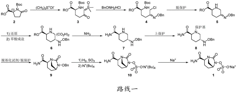 Prior art synthetic Route 1 showing complex protection steps and low yield issues