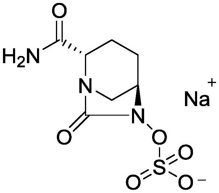 Chemical structure of Avibactam Sodium showing the diazabicyclo octane core and sulfate group