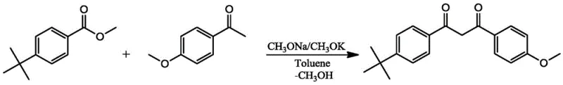 Specific reaction scheme for Avobenzone synthesis showing high yield and purity