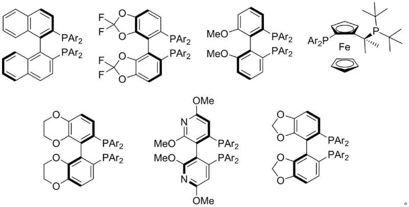 Structures of chiral diphosphine ligands used for stereoselective control
