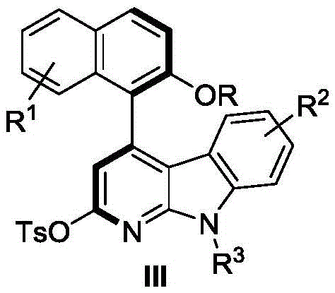 General structural formula of axial chiral 4-aryl alpha-carboline compounds showing variable substituents R1, R2, R3 and OR groups