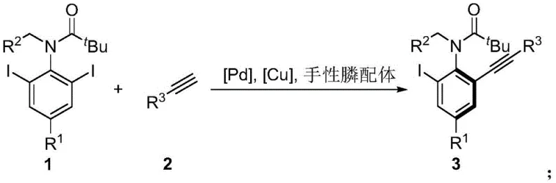 General reaction scheme showing desymmetrized Sonogashira coupling of di-iodo substrate with terminal alkyne to form axial chiral anilide
