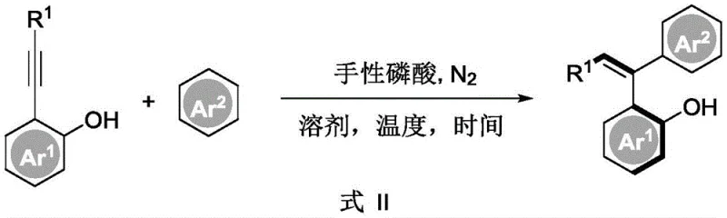 General reaction scheme showing aryl acetylene and substituted aromatic hydrocarbon reacting with chiral phosphoric acid to form axial chiral diarylethene