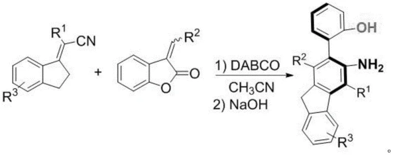 Reaction scheme showing DABCO catalyzed synthesis of axial chiral derivatives from benzofuranone and indenylidenemalononitrile