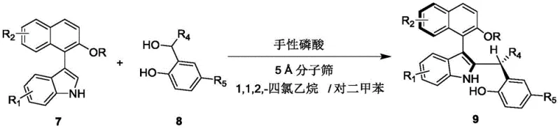 Reaction scheme showing the synthesis of compound 9 from reactants 7 and 8 catalyzed by chiral phosphoric acid