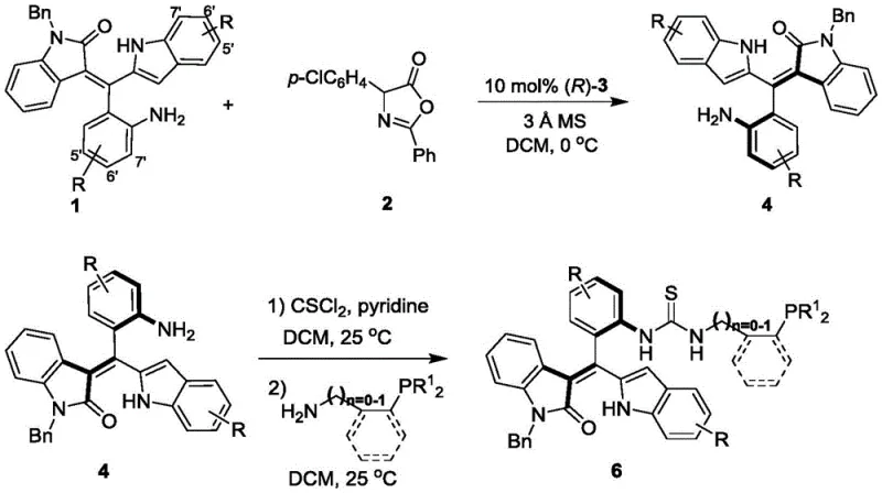 Synthetic route showing the conversion of precursors 1 and 2 to intermediate 4 and final catalyst 6