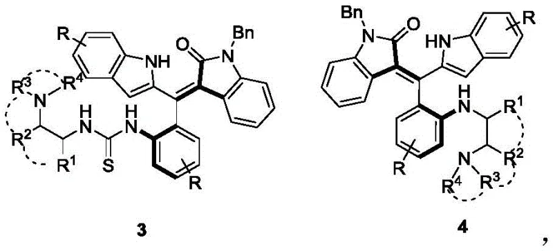 General chemical structures of axially chiral styrene tertiary amine thiourea catalysts formulas 3 and 4