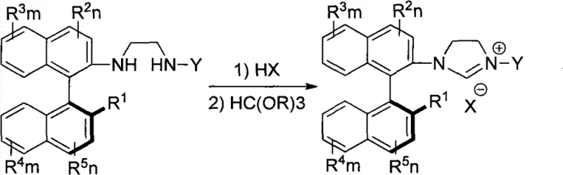 Conversion pathway showing acidification followed by reaction with trialkyl orthoformate to produce chiral imidazolium salts