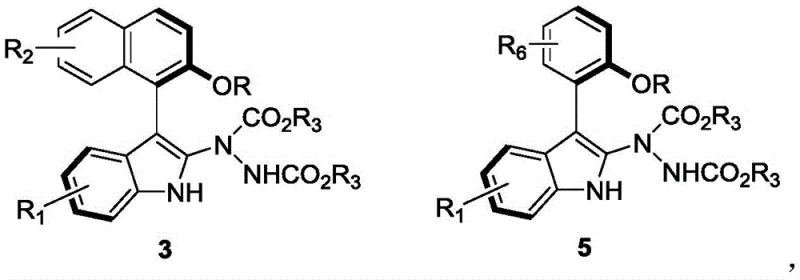 General chemical structures of axially chiral aryl indole compounds Formula 3 and Formula 5