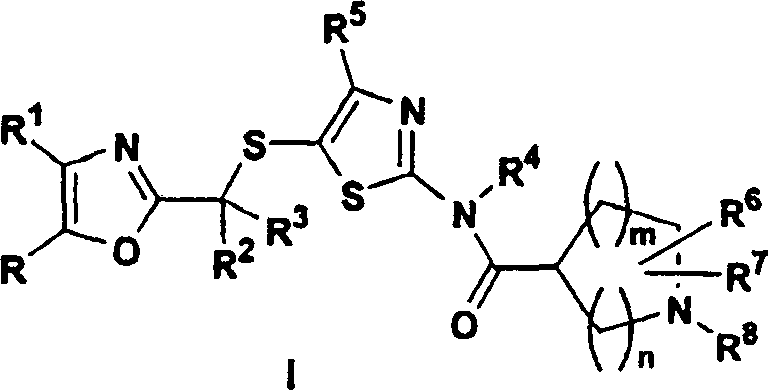 General chemical structure of Formula I showing the 5-(2-oxazolylalkylthio)-2-azacycloalkanoylaminothiazole core scaffold