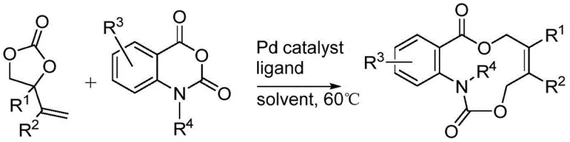 General reaction scheme showing the Pd-catalyzed [5+6] cycloaddition between vinyl ethylene carbonate and isatoic anhydride