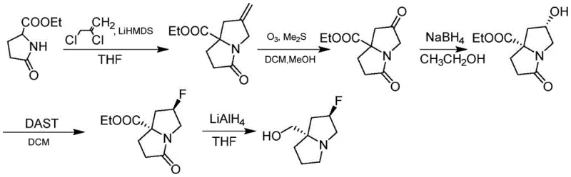 Prior art synthesis route using hazardous ozone and DAST reagents