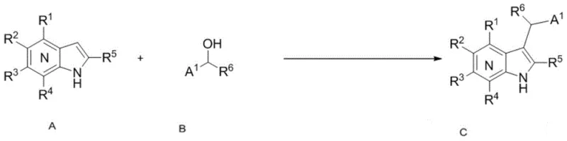 General reaction scheme showing azaindole compound A reacting with benzyl alcohol B to form azaindole derivative C