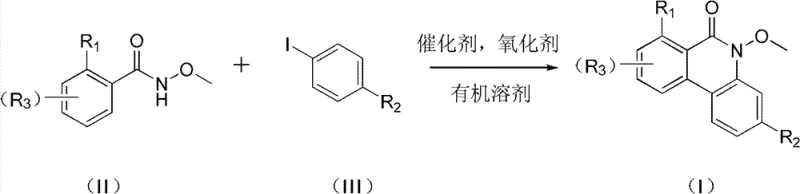 Reaction scheme showing Pd-catalyzed coupling of hydroxamic acid (II) and iodoarene (III) to form Azaphenanthrone (I)