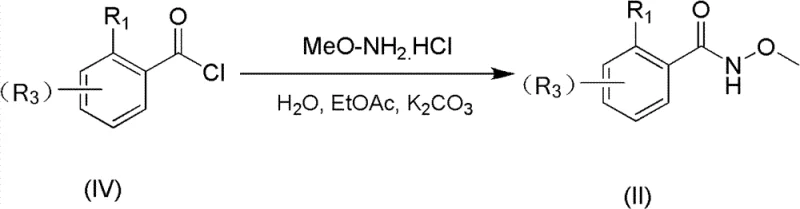 Synthesis of hydroxamic acid precursor (II) from acid chloride (IV) and methoxyamine hydrochloride