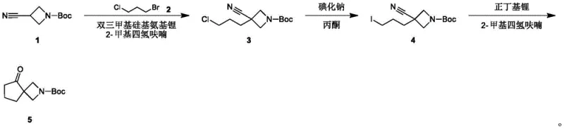 Reaction scheme showing the preparation of spiro-ketone intermediate Compound 5 from cyanoazetidine