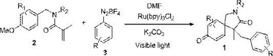 General reaction scheme showing visible light induced synthesis of azaspirocyclohexadienone from N-benzyl acrylamide and diazonium salt