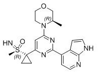 Chemical structure of AZD6738 showing the pyrimidine core and chiral centers