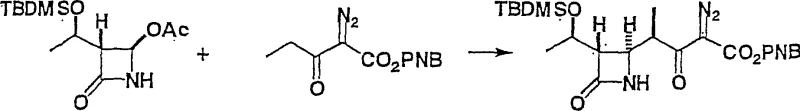 Specific reaction scheme showing TiCl4 catalyzed coupling of azetidinone and diazo compound