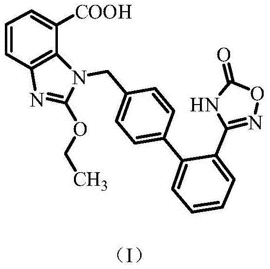 Chemical structure of Azilsartan (Formula I) showing the benzoglyoxaline and oxadiazole side groups