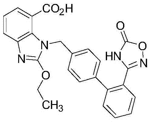 Chemical structure of Azilsartan featuring the benzimidazole core and oxadiazole ring