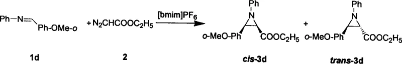 Reaction scheme showing the synthesis of aziridine derivative 3d from imine 1d and ethyl diazoacetate using ionic liquid catalyst