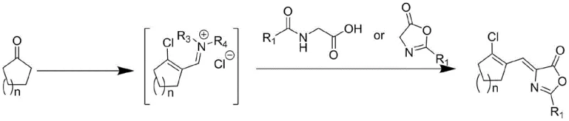 General reaction scheme showing one-pot synthesis mechanism from cyclic ketone to azlactone