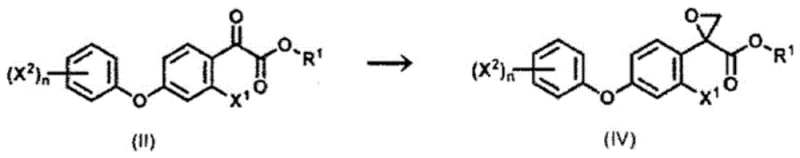 Core epoxidation reaction converting ketoester derivative (II) to epoxy derivative (IV) using dimethyl sulfide and dimethyl sulfoxide