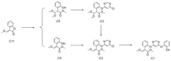 Core synthetic route for Azoxystrobin showing intermediates Formula 2, 3, and final product Formula 1