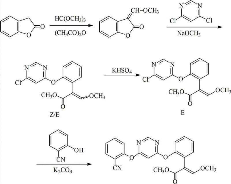 Conventional synthesis route of azoxystrobin intermediate using trimethyl orthoformate and acetic anhydride