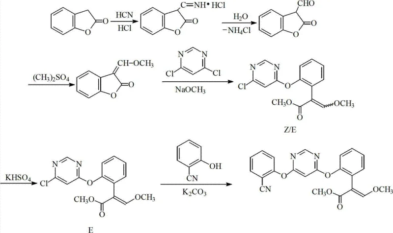 Novel synthesis route of azoxystrobin intermediate using hydrocyanic acid and dimethyl sulfate