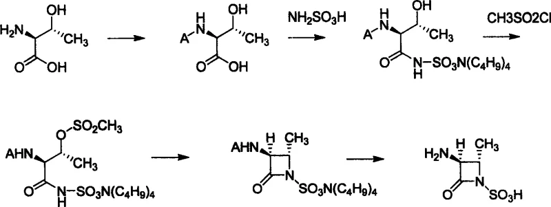 Synthetic route of (2S-trans)-3-amino-2-methyl-4-oxo-1-azacyclobutyl sulfonic acid using aminosulfonic acid