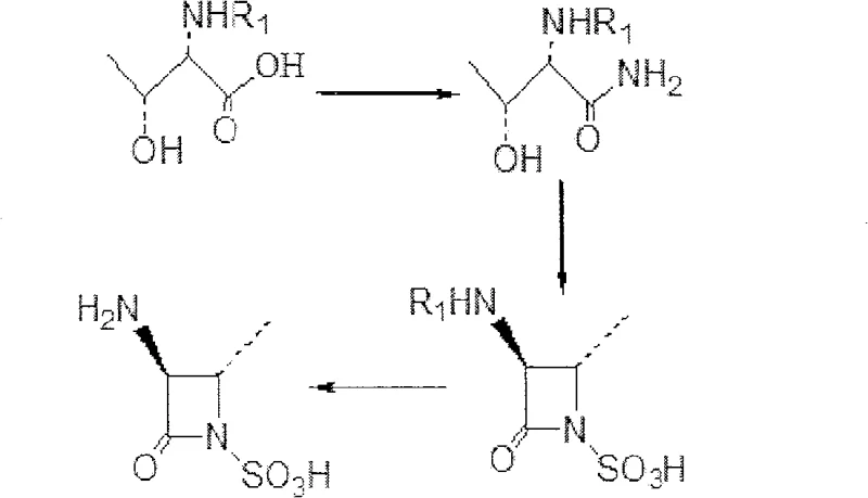 Schematic reaction pathway showing the conversion of Threonine derivative to the sulfonated azetidine ring