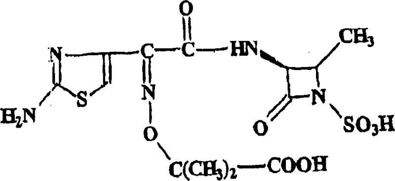 Chemical structure of Aztreonam showing the monobactam core and side chains