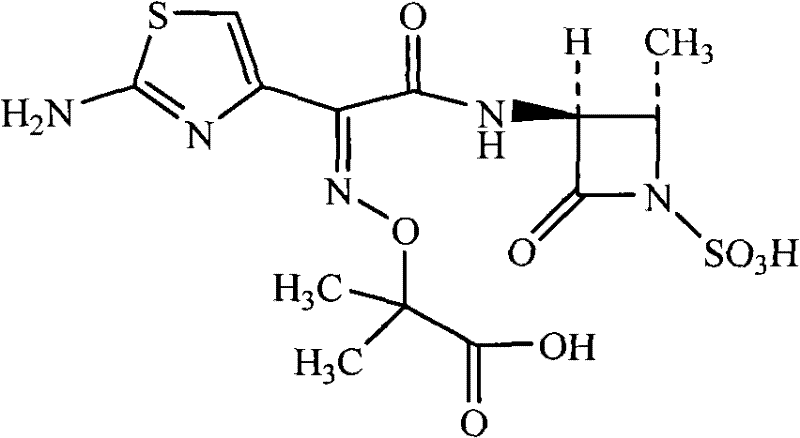 Chemical structure of Aztreonam showing the monobactam core and side chains