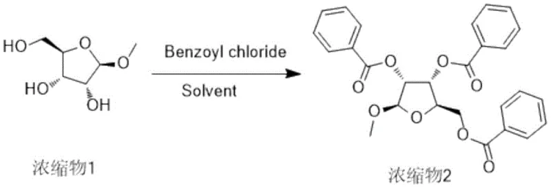 Step 2 Reaction Scheme: Benzoylation of Methyl Riboside to Tribenzoylated Derivative