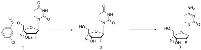 Reaction scheme showing the two-step synthesis of Azvudine from protected nucleoside via alkaline hydrolysis and silyl aminolysis