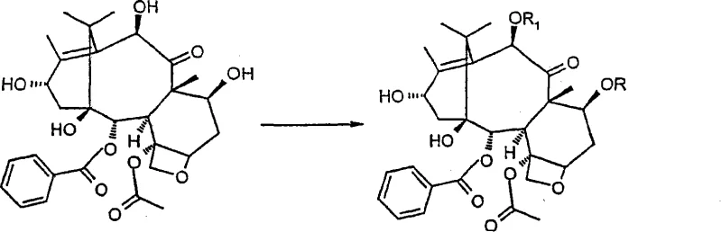 Chemical structure showing selective protection of 7 and 10 position hydroxyl groups on 10-deacetylbaccatin III