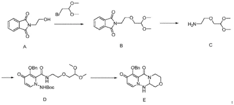 Prior art synthetic route highlighting the position of Intermediate C in the Baloxavir backbone