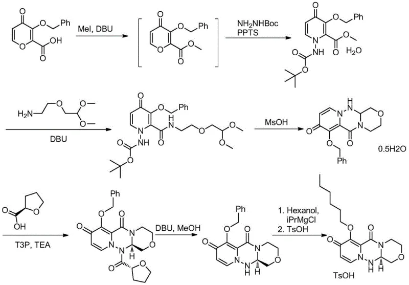 Prior art synthesis route showing complex protection steps and toxic reagents