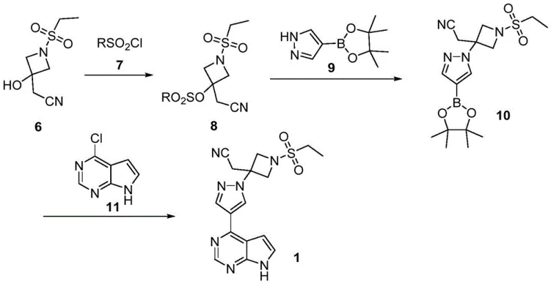 Full synthetic route from Intermediate 6 to Baricitinib via sulfonylation and Suzuki coupling