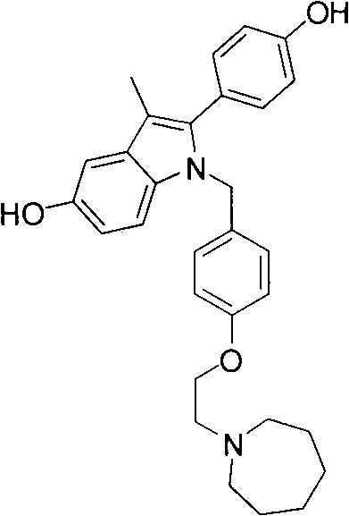Chemical structure of Bazedoxifene (WAY 140424) showing the indole core and azepane side chain