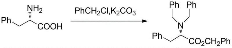 Reaction scheme showing the alkylation of L-phenylalanine with benzyl chloride to form the dibenzyl amino ester